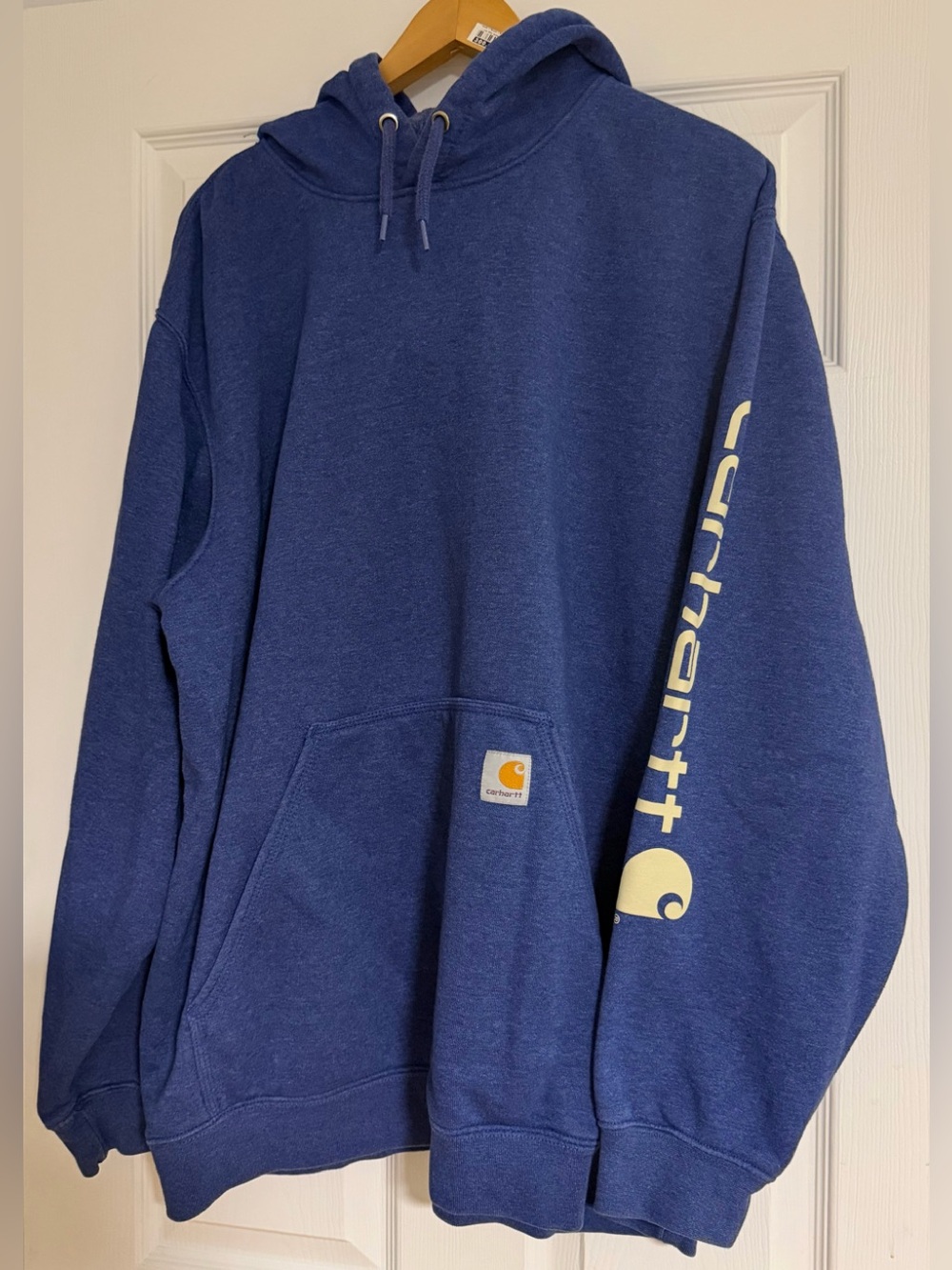 Carhartt Indigo Blue Pullover Hoodie Sleeve Script Logo Adult Men XL Workwear